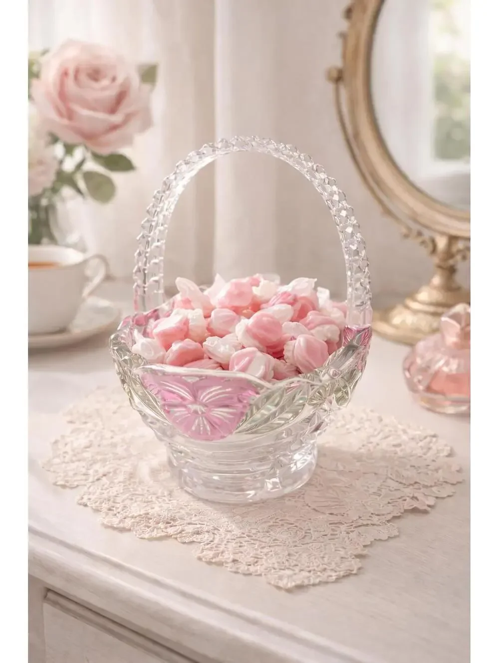 Vintage Handcrafted Anna Hutte Bleikristall Crystal Basket Pink Pressed Flowers